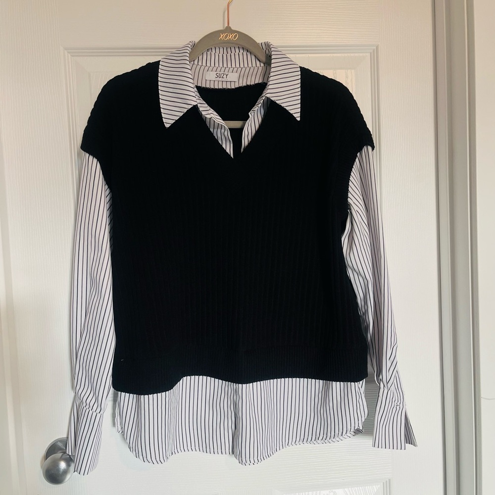 Suzy Shier Black and White Striped 2-Fer Blouse